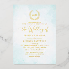 Elegant Classic Monogram Turquoise Gold Wedding Folie Uitnodiging