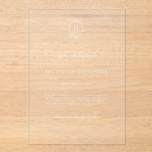 Elegant Classic Monogram Weddenschap Acryl Uitnodigingen (Voorkant)