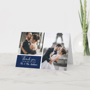 Elegant Classic Navy 2 Foto Collage Wedding Bedankkaart