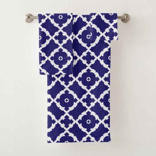 Elegant Classic Navy Blue en White Mosaic Pattern Bad Handdoek (Insitu)