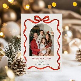 Elegant Classic Red Ribbon Holiday Photo Card Feestdagenkaart