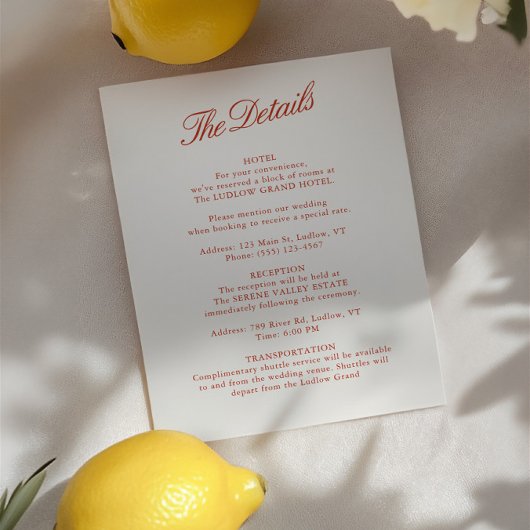 Elegant Classic Rood & Ivoor Wedding Details Kaart