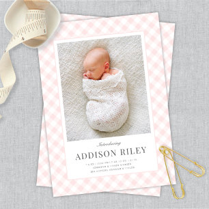 Elegant Classic Roze Gingham Baby Geboorte Aankondiging