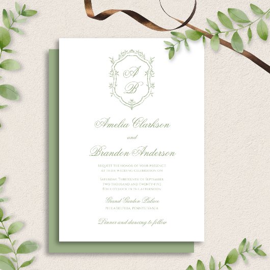 Elegant Classic Sage Green Monogram Crest Wedding Kaart