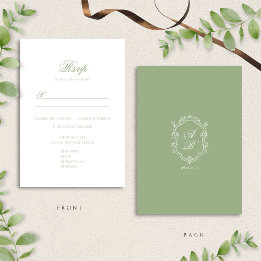Elegant Classic Sage Green Monogram Crest Wedding RSVP Kaartje