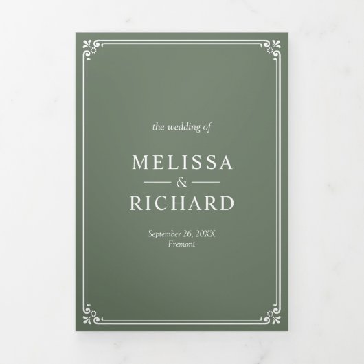 Elegant Classic Sage Green Monogram Weddenschap Drieluik Uitnodiging (Cover)