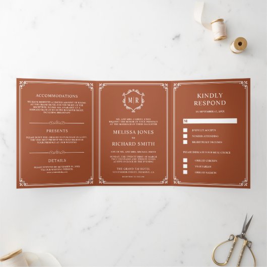 Elegant Classic Terracotta Monogram Weddenschap Drieluik Uitnodiging (Binnen)