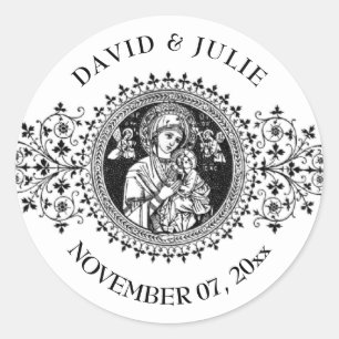 Elegant Classic Virgin Mary Jesus Black White Ronde Sticker