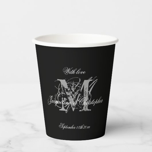 Elegant Classic Wedding Monogram Names Chic Black Papieren Bekers (Voorkant)