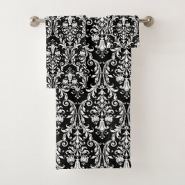 Elegant Classic White Floral Damask op Black Bad Handdoek