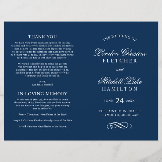 Élégant classique Marine Blue Wedding Programmes (Devant)