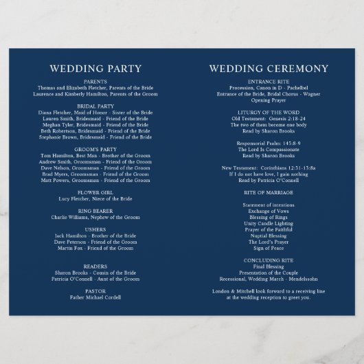 Élégant classique Marine Blue Wedding Programmes (Dos)