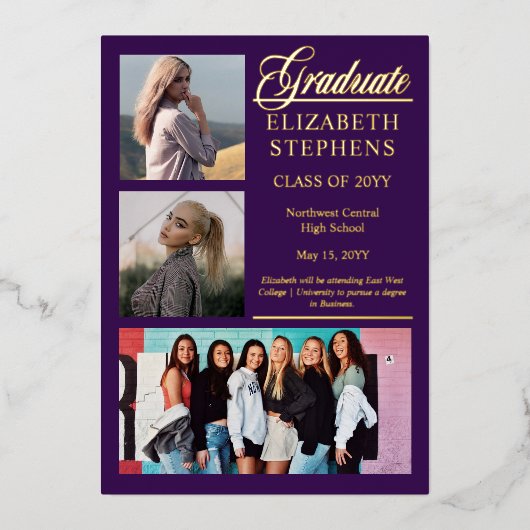 Elegant Classy Afstuderen Paarse Afstuderen 3 Foto Folie Uitnodiging (Voorkant)