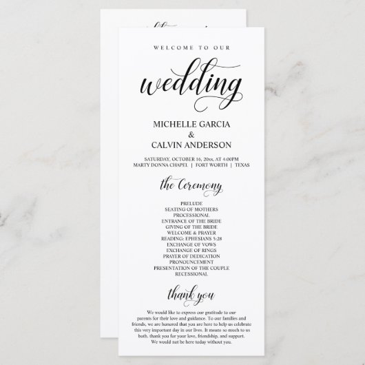 Elegant Classy, Black script, Wedding Ceremony Programma (Voorkant / Achterkant)