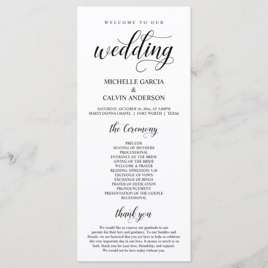 Elegant Classy, Black script, Wedding Ceremony Programma (Voorkant)