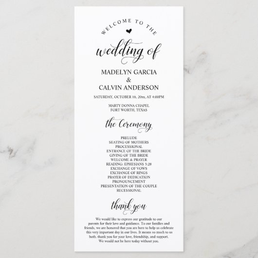 Elegant Classy, Black script, Wedding Ceremony Programma (Voorkant)