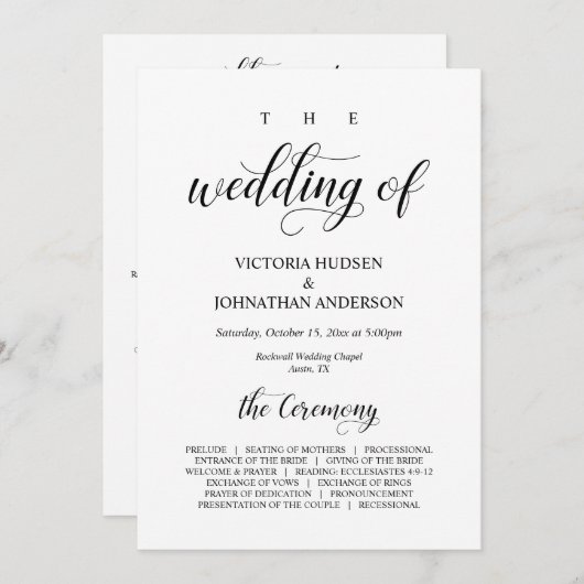 Elegant Classy, Black script, Wedding Ceremony Programma (Voorkant / Achterkant)