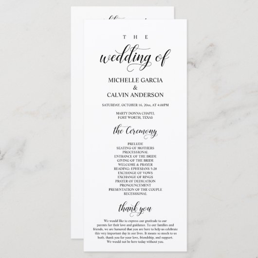 Elegant Classy, Black script, Wedding Ceremony Programma (Voorkant / Achterkant)