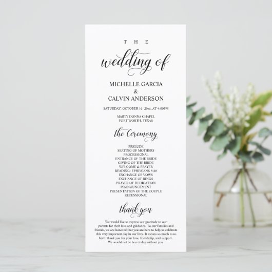 Elegant Classy, Black script, Wedding Ceremony Programma (Staand voorkant)