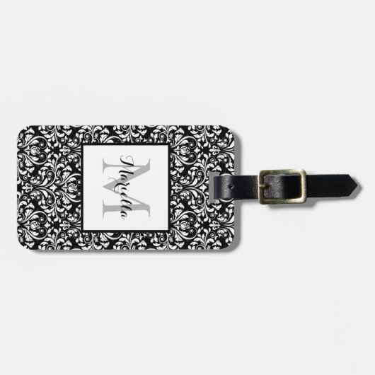 Elegant Classy Black White Monogram Damask Custom Bagagelabel (Voorkant horizontaal)