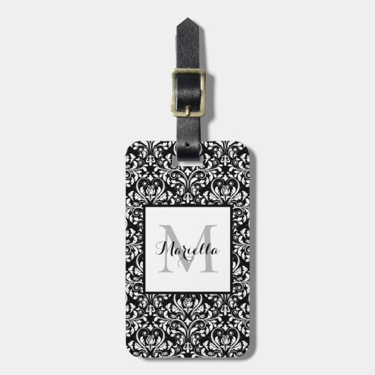 Elegant Classy Black White Monogram Damask Custom Bagagelabel (Voorkant verticaal)
