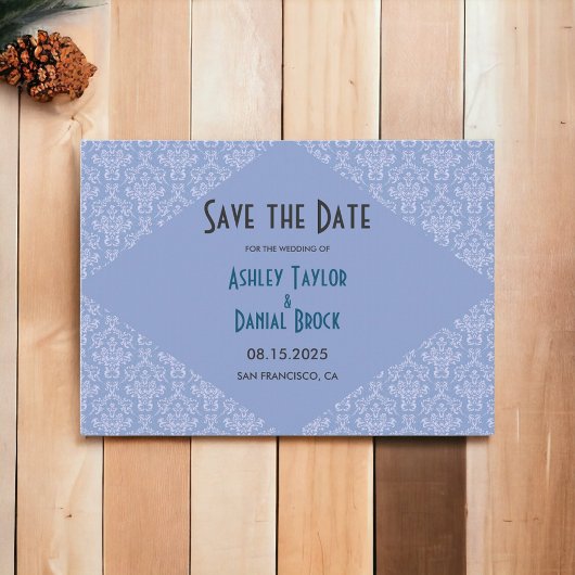 Elegant Classy Blue Damask Script Formele bruiloft Save The Date