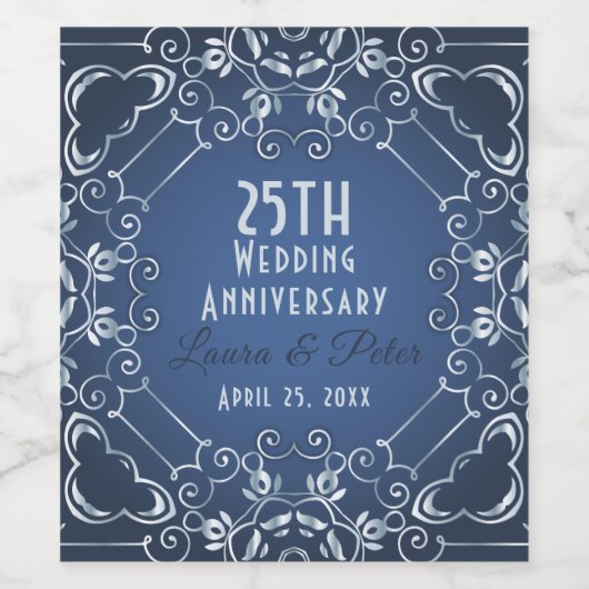 Elegant Classy Blue en Silver Wedding Jubileum Wijn Etiket (Enkel label)
