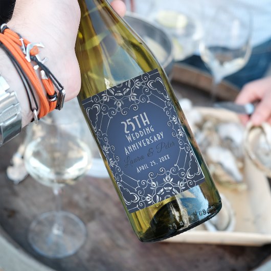 Elegant Classy Blue en Silver Wedding Jubileum Wijn Etiket