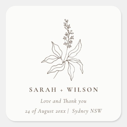 Elegant Classy Botanical Floral Sketch Wedding Vierkante Sticker (Voorkant)