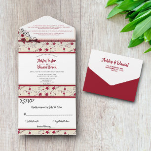 Elegant Classy Burgundy Glam Summer Floral Wedding All In One Uitnodiging