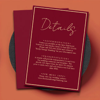 Elegant Classy Burgundy Gold Chic Wedding - Gegeve Informatiekaartje