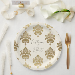 Elegant Classy Cream Gold Damask Names Papieren Bordje