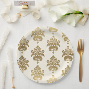 Elegant Classy  Cream Gold Damask Patroon Papieren Bordje