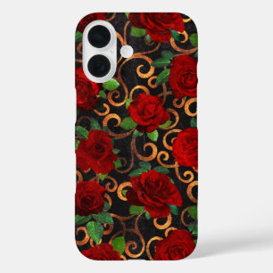 Elegant Classy Damask  Chic Black Red Roses iPhone 16 Hoesje