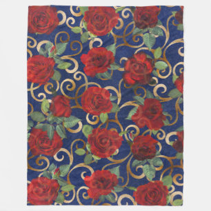 Elegant Classy Damask Red Rose Blue Fleece Deken