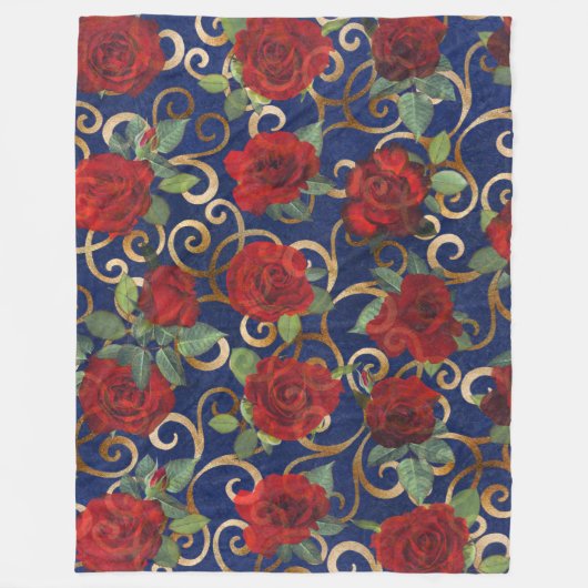 Elegant Classy Damask  Red Rose Blue Fleece Deken (Voorkant)