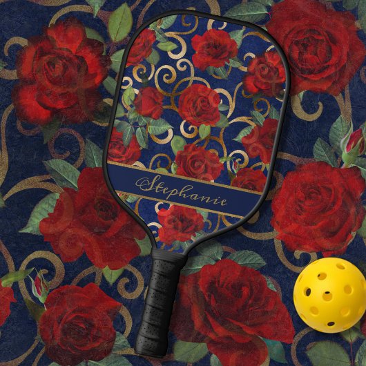 Elegant Classy Damask  Red Rose Blue Pickleball Paddle