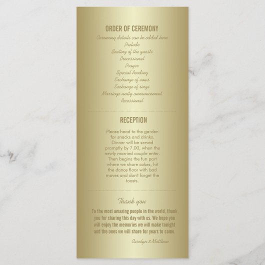 Élégant Classy Gold Ceremony Programme Carte Rack (Dos)