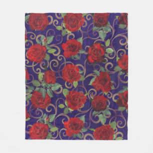 Elegant Classy Gold Damask Red Rose Paars Fleece Deken