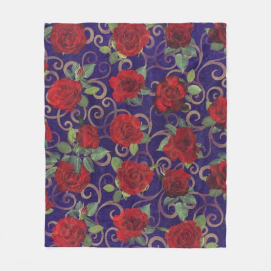 Elegant Classy Gold Damask  Red Rose Paars Fleece Deken (Voorkant)