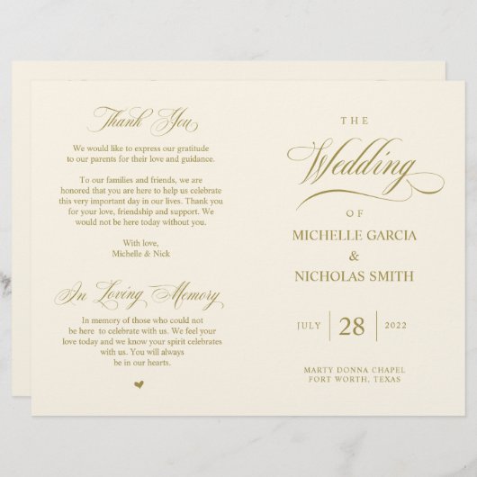 Elégant Classy Gold, Programme de mariage pliable (Devant / Derrière)