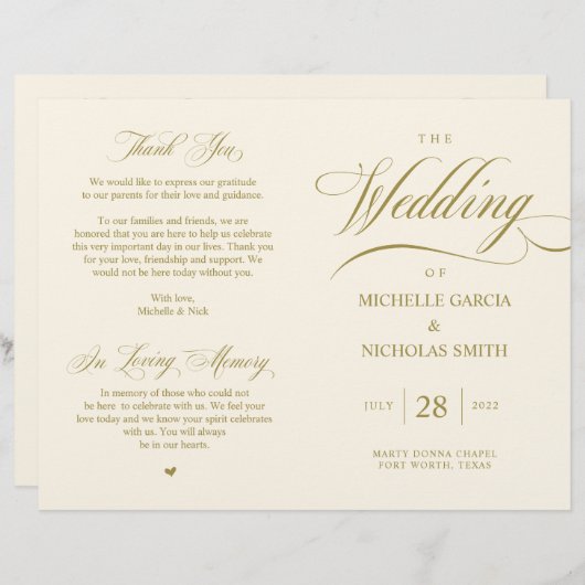 Elégant Classy Gold, Programme de mariage pliable (Devant / Derrière)