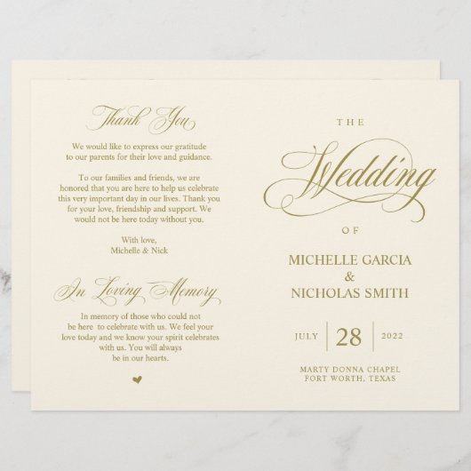 Elégant Classy Gold, Programme de mariage pliable (Devant / Derrière)