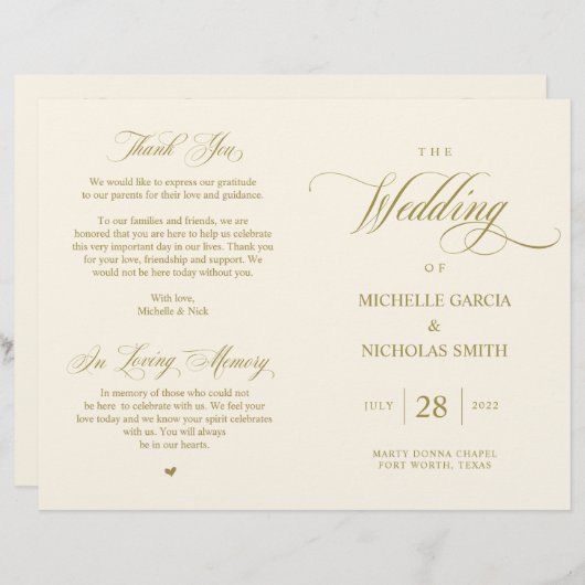 Elégant Classy Gold, Programme de mariage pliable (Devant / Derrière)