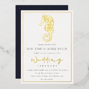 Elegant Classy Gouden Folie Navy Seahorse Bruiloft Uitnodiging