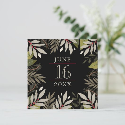 Elegant Classy Muted Botanical op zwart Save The Date (Staand voorkant)