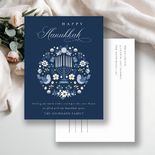 Elegant Classy Navy Blue Happy Hanukkah Floral Briefkaart