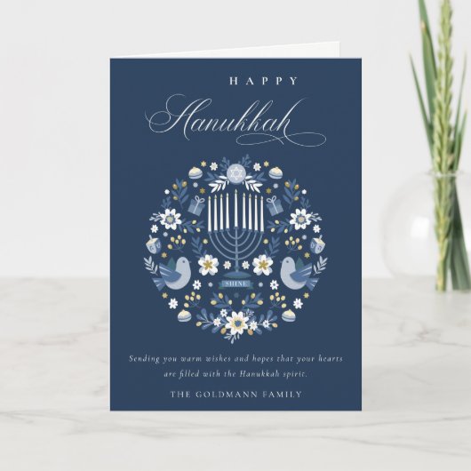Elegant Classy Navy Blue Happy Hanukkah Floral Feestdagen Kaart (Voorkant)