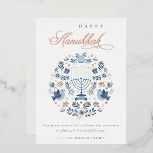 Elegant Classy Navy Blue Happy Hanukkah Floral Folie Feestdagenkaart