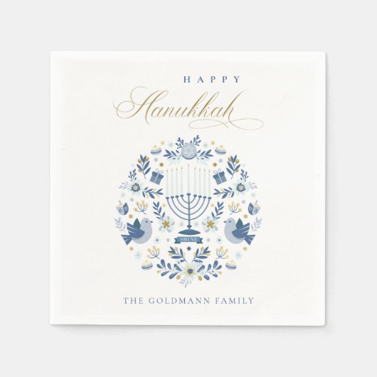Elegant Classy Navy Blue Happy Hanukkah Floral Nap Servet (Voorkant)